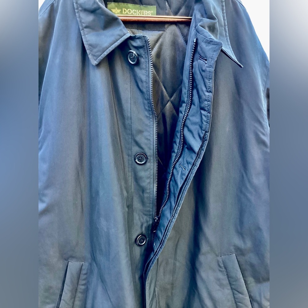 Dockers Premium Long Water Resistant Over Coat Jacket Black Men Large Zip Button - Picture 4 of 6